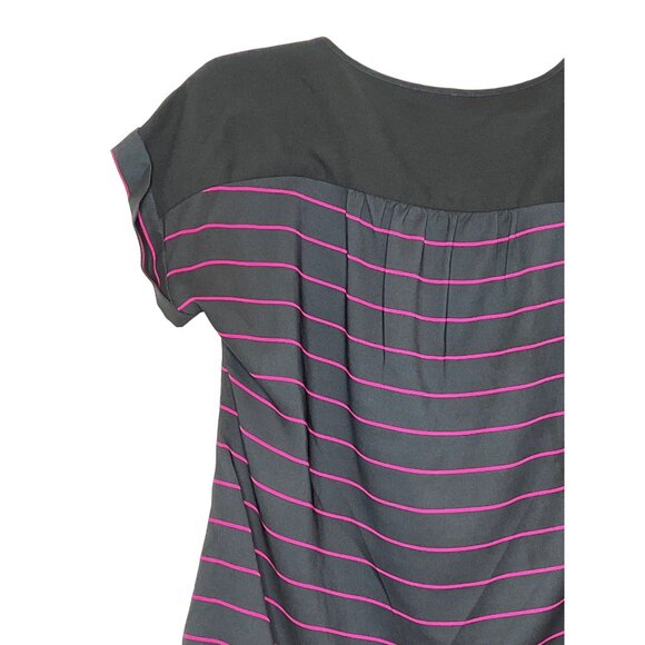 Ann Taylor Striped Blouse Size M Navy Pink Elastic Hem Cap Sleeve Top - Picture 9 of 12